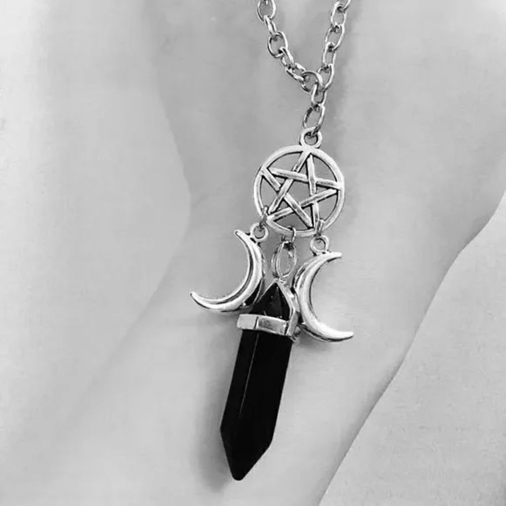 Triple Goddess Crystal Pentacle Moon Natural Black Onyx Pendant Necklace